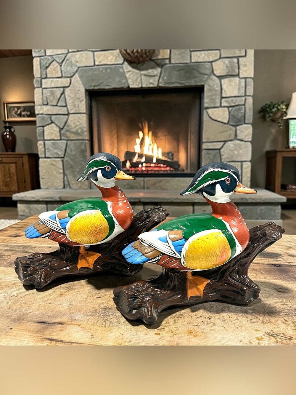 Vintage Hand Painted Ceramic Wood Duck Pair Log Figurines RL Signed Lodge Decor
